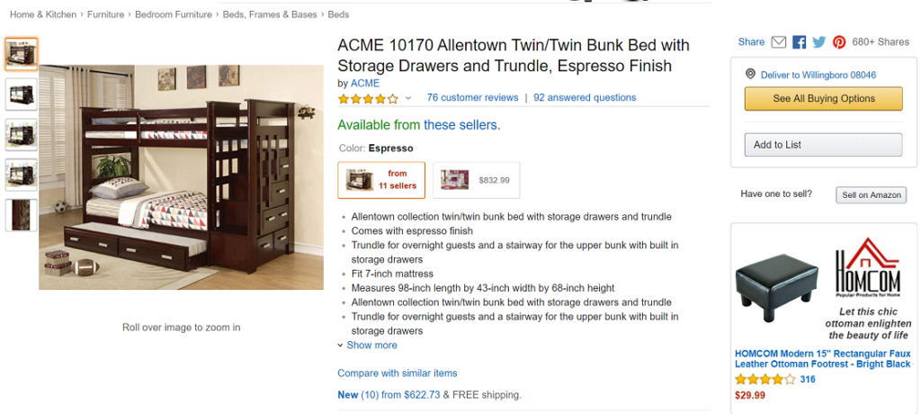 ACME 10170 Allentown Twin-Twin Bunk Bed with Storage Drawers and Trundle